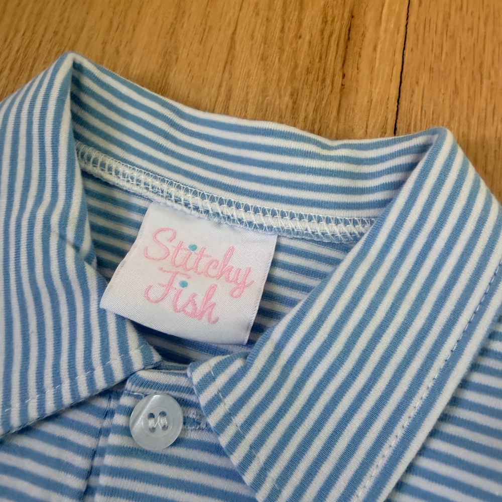 Stitchy Fish Apple Polo Shirt 18M NWOT Blue Stripe Back to School - Picture 2 of 5